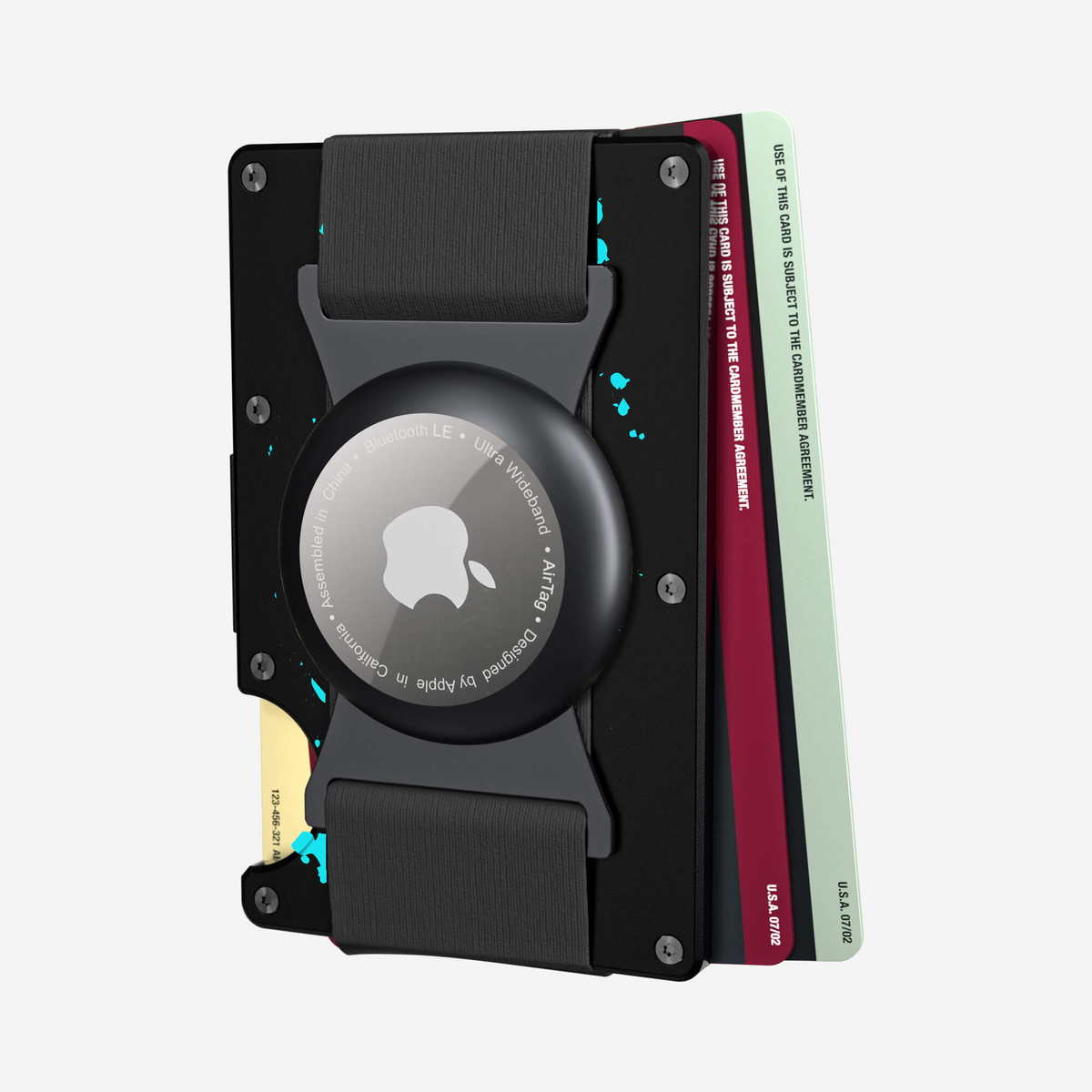 Angled back view with cards of the NANO Aluminium AirTag Cash Strap Wallet in Cosmic Pulse