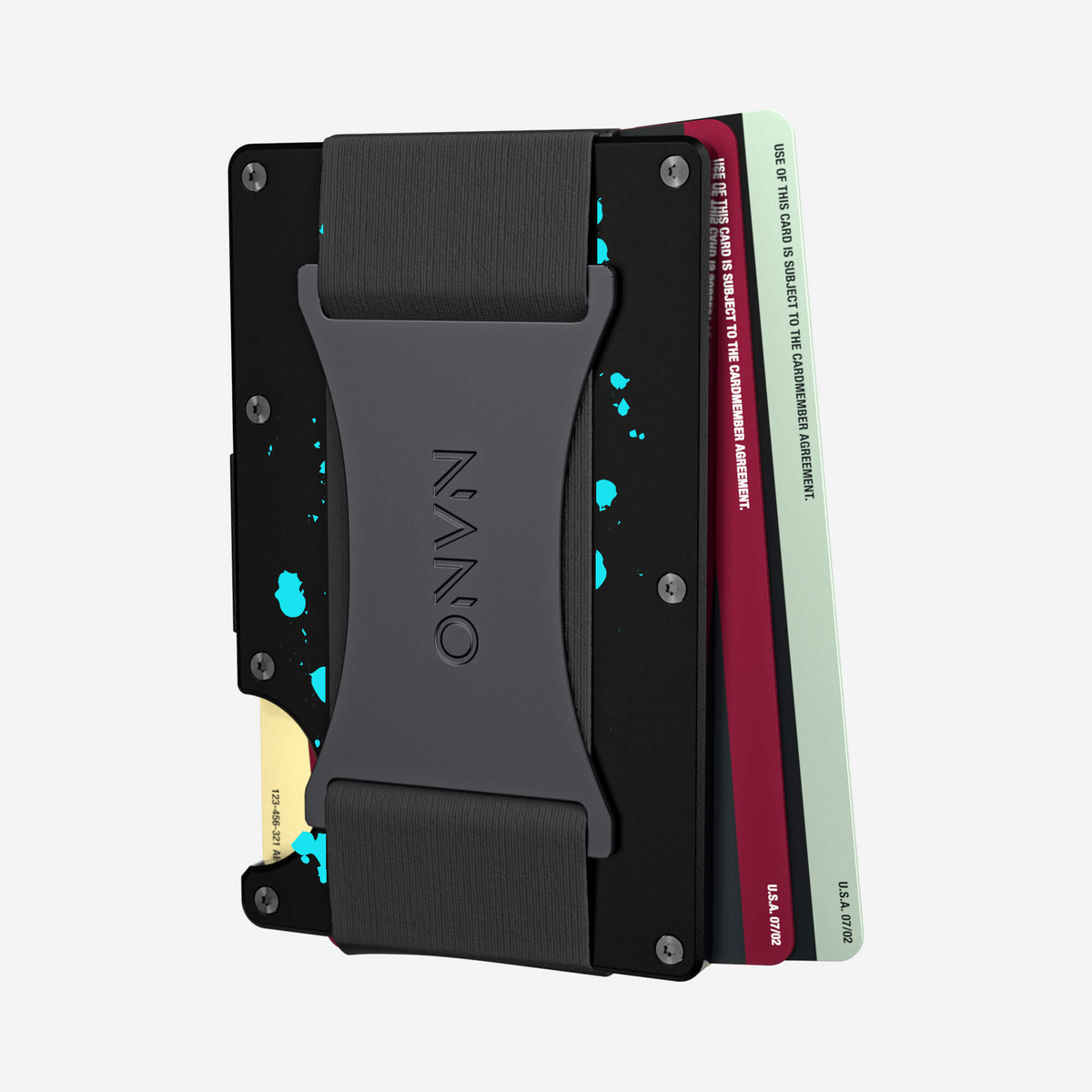 Angled back view of the NANO™ Aluminium Cash Strap Wallet in Cosmic Pulse showing cards fanned out