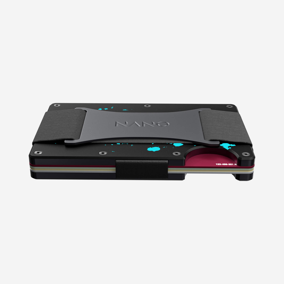 Angled side and back view of the NANO™ Aluminium Cash Strap Wallet in Cosmic Pulse showing its slim profile