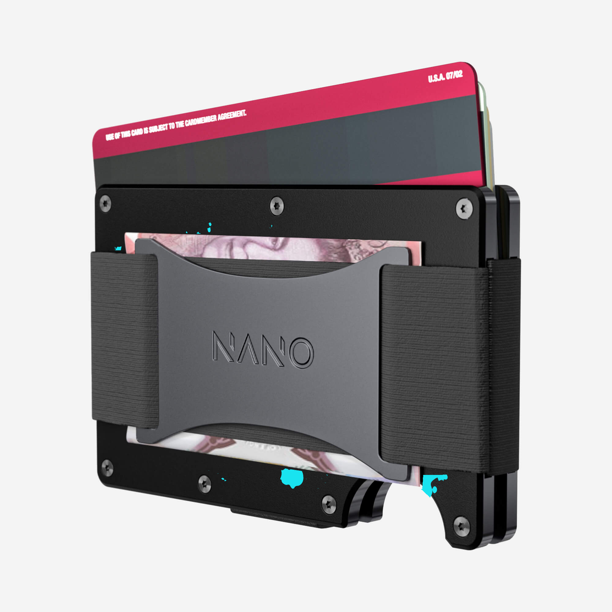 Angled back view of the NANO™ Aluminium Cash Strap Wallet in Cosmic Pulse showing cards and folded cash