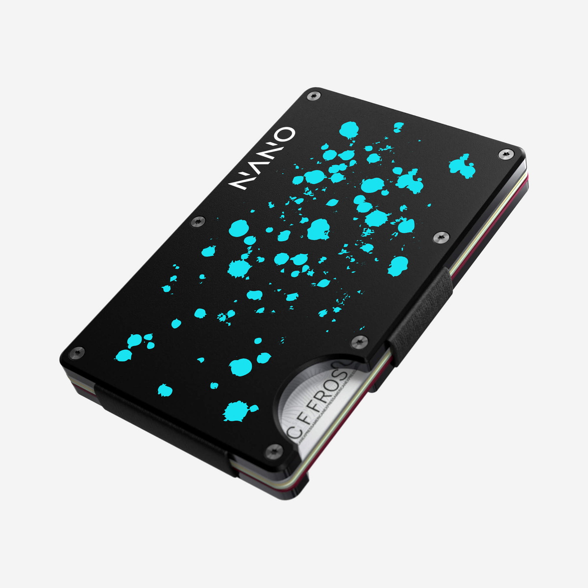 Angled front view of the NANO™ Aluminium Cash Strap Wallet in Cosmic Pulse showing the thumb slot