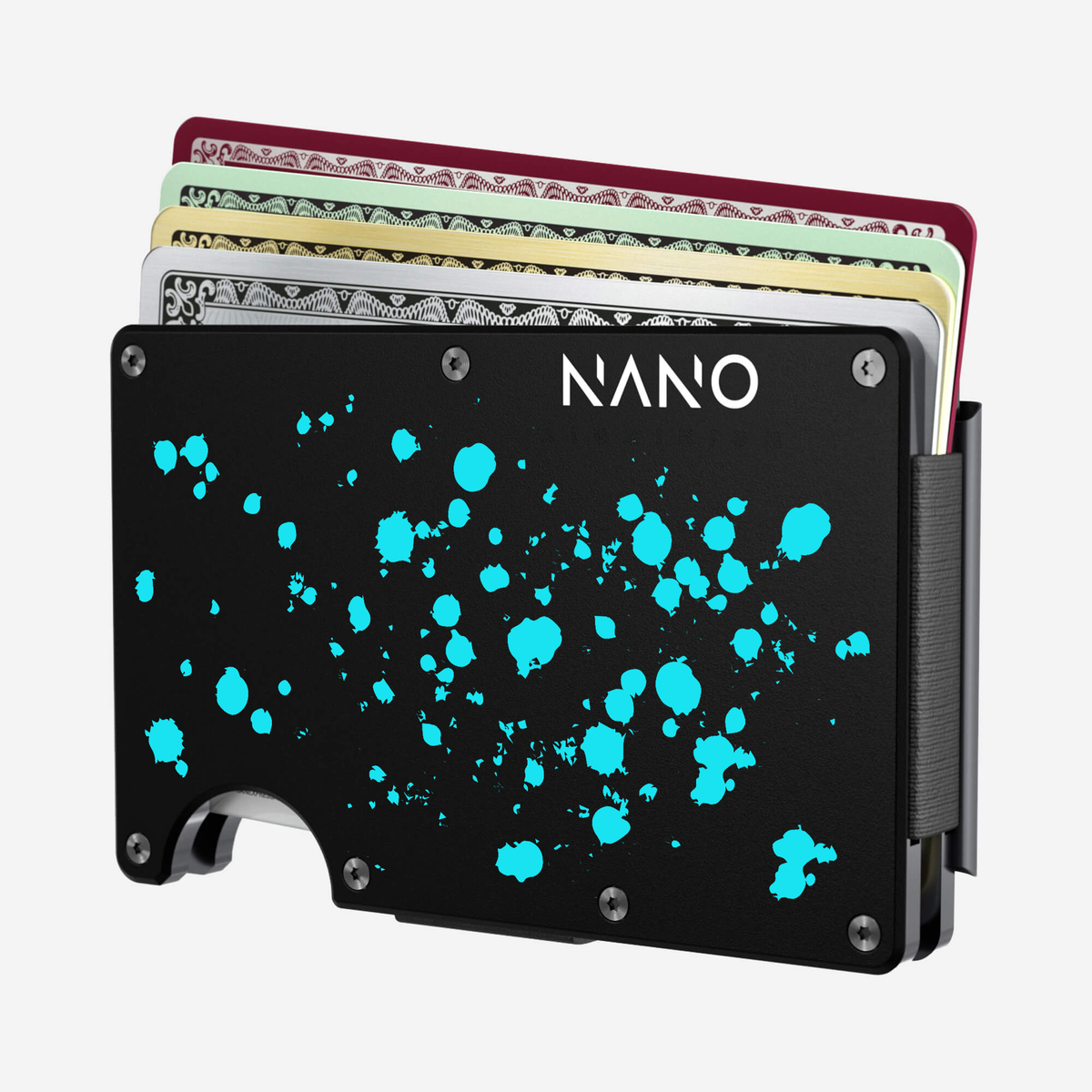 Angled front view of the NANO™ Aluminium Money Clip Wallet in Cosmic Pulse showing cards fanned out
