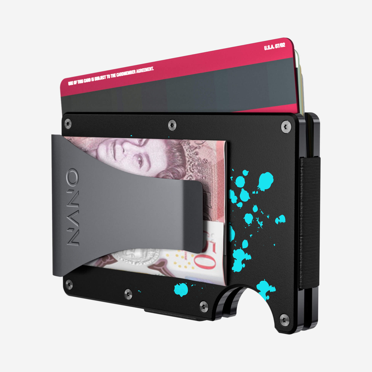 Angled back view of the NANO™ Aluminium Money Clip Wallet in Cosmic Pulse showing cards and folded cash