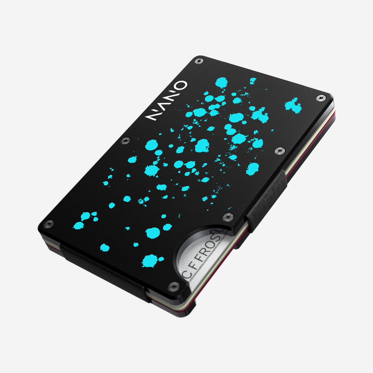 Angled front view of the NANO™ Aluminium Money Clip Wallet in Cosmic Pulse showing the thumb slot