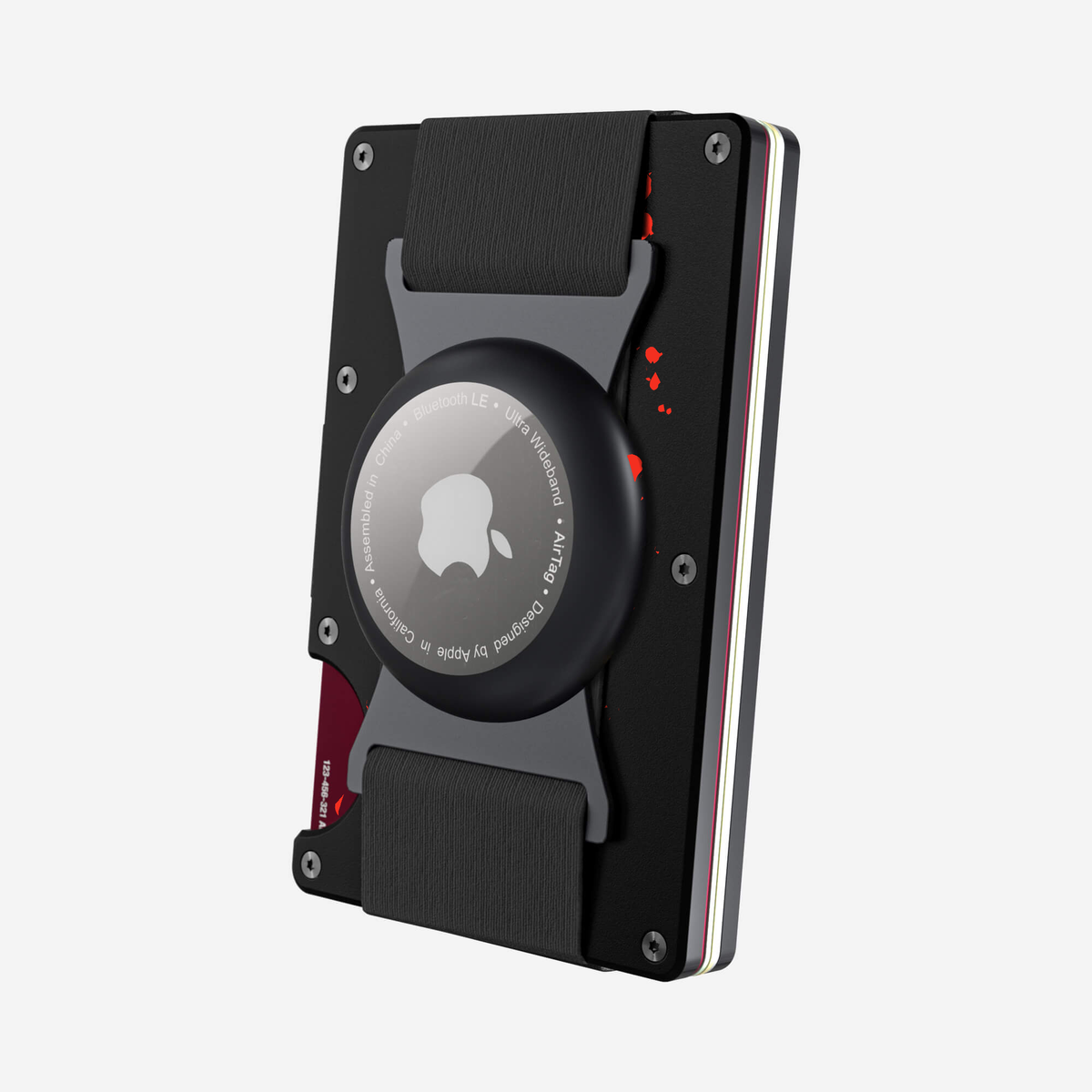 Angled back view of the NANO Aluminium AirTag Cash Strap Wallet in Crimson Trace
