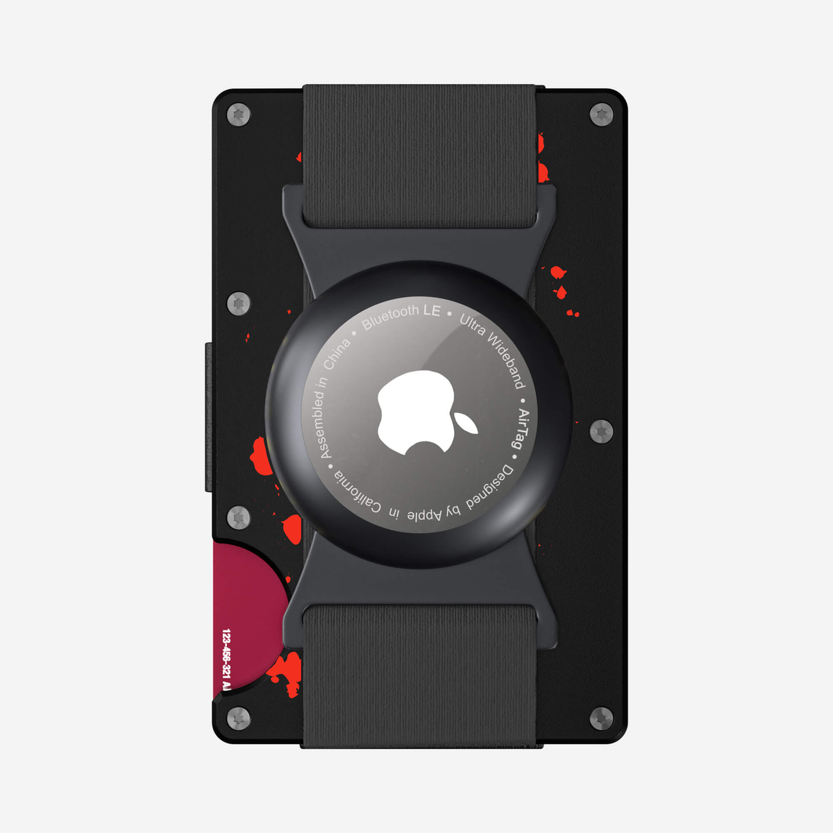 Back view of the attachment of the NANO Aluminium AirTag Cash Strap Wallet in Crimson Trace