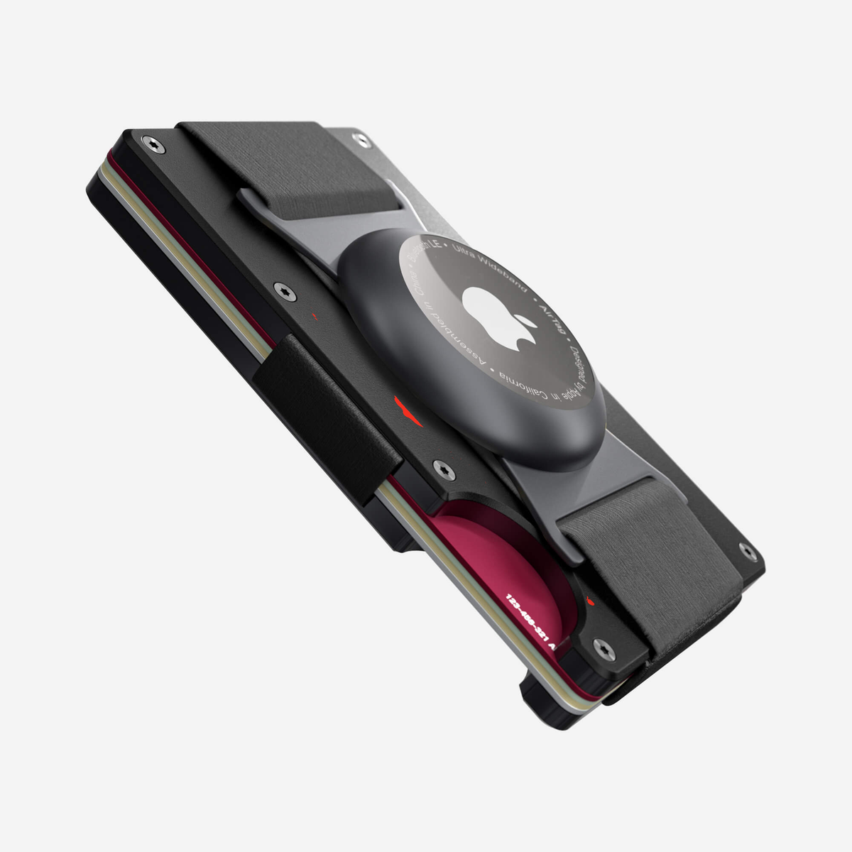 Angled side view of the NANO Aluminium AirTag Cash Strap Wallet in Crimson Trace