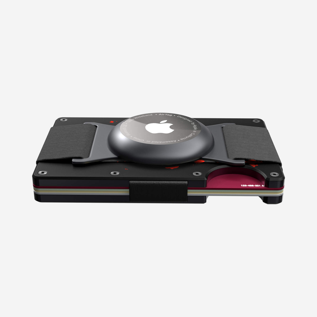 Slim profile view of the NANO Aluminium AirTag Cash Strap Wallet in Crimson Trace