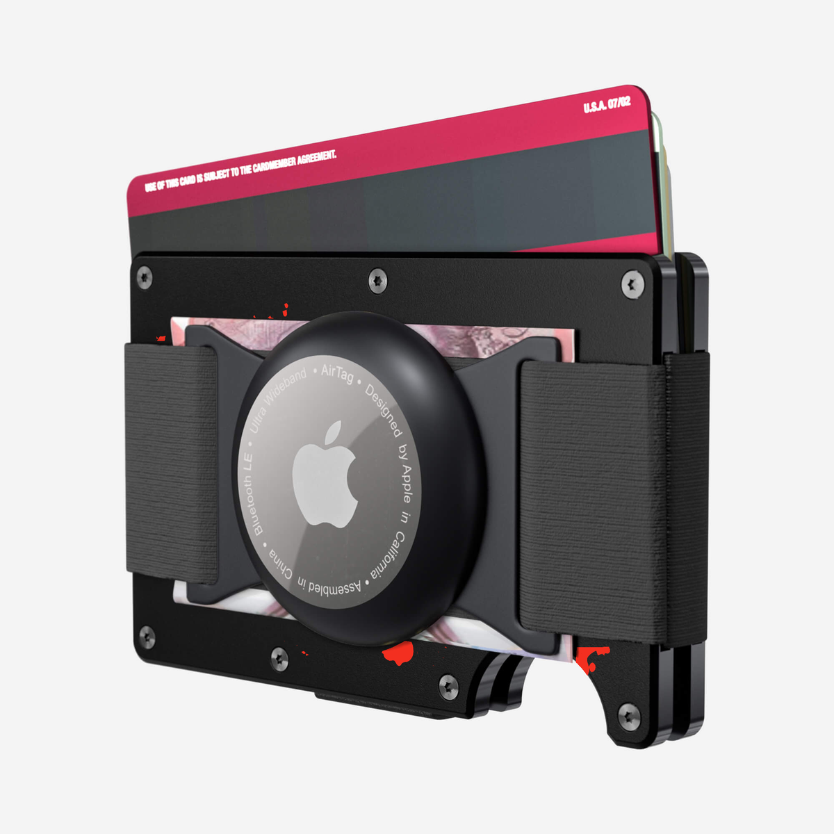 Back view with cards and cash of the NANO Aluminium AirTag Cash Strap Wallet in Crimson Trace