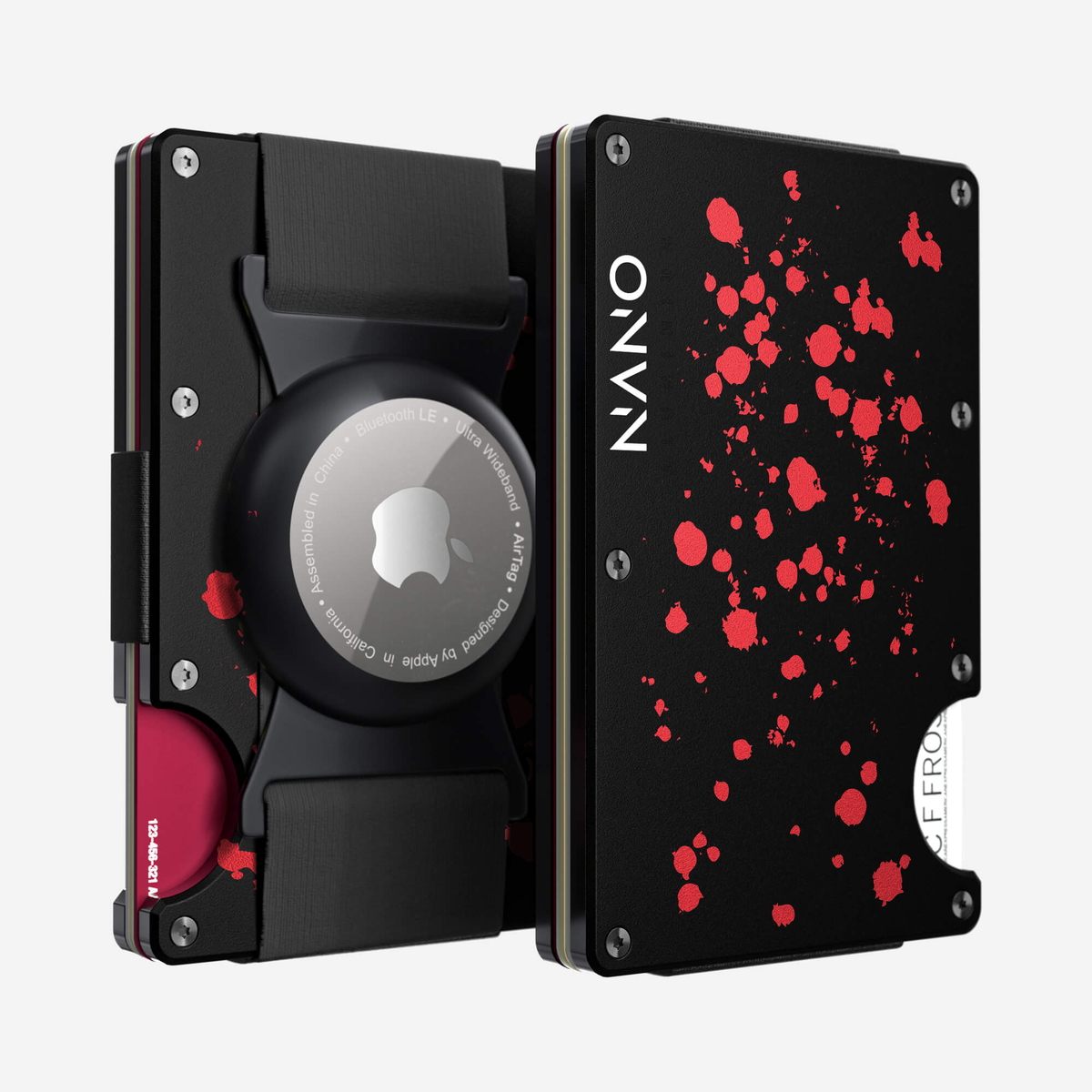 Front and back view of the NANO Aluminium AirTag Cash Strap Wallet in Crimson Trace