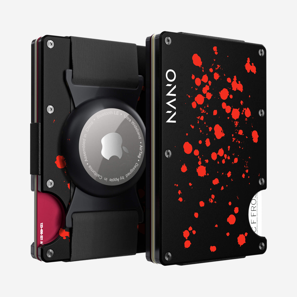 Front and back view of the NANO Aluminium AirTag Cash Strap Wallet in Crimson Trace