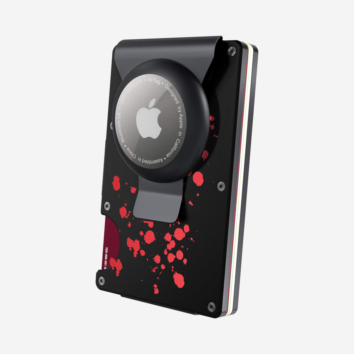 Angled back view of the NANO Aluminium AirTag Money Clip Wallet in Crimson Trace