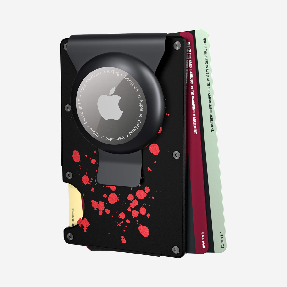 Angled back view with cards of the NANO Aluminium AirTag Money Clip Wallet in Crimson Trace