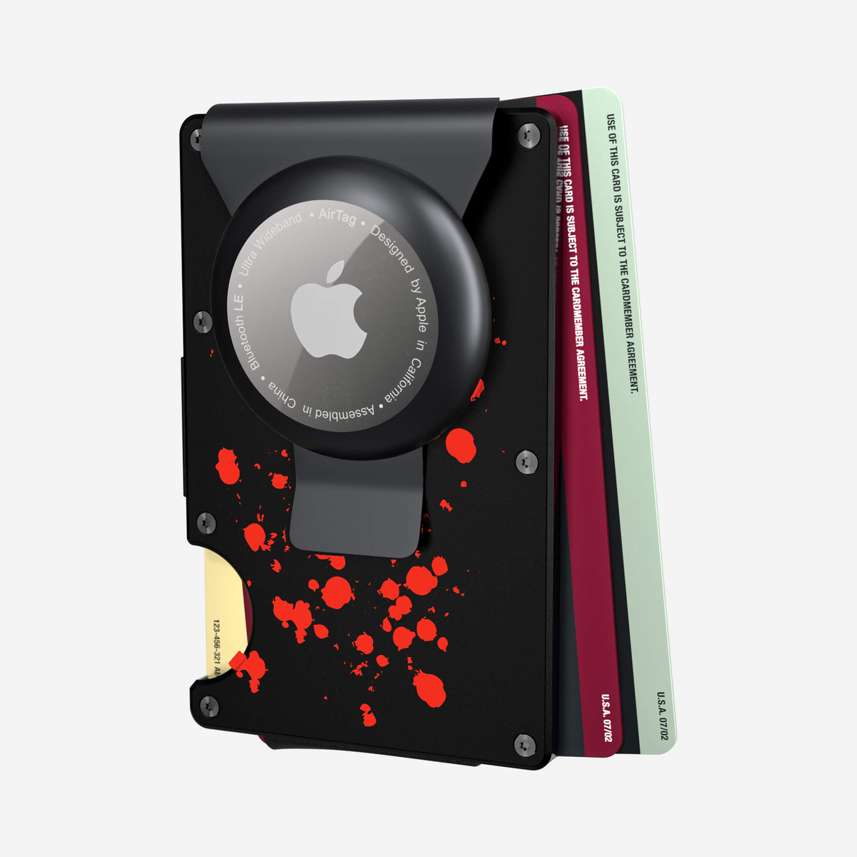 Angled back view with cards of the NANO Aluminium AirTag Money Clip Wallet in Crimson Trace