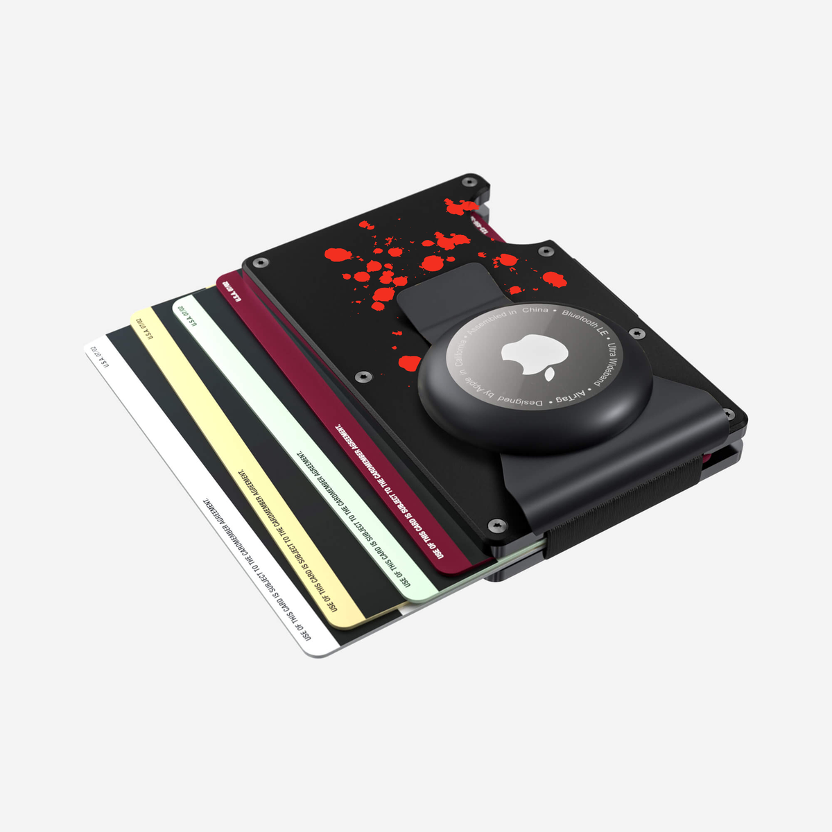 Aerial view with cards of the NANO Aluminium AirTag Money Clip Wallet in Crimson Trace