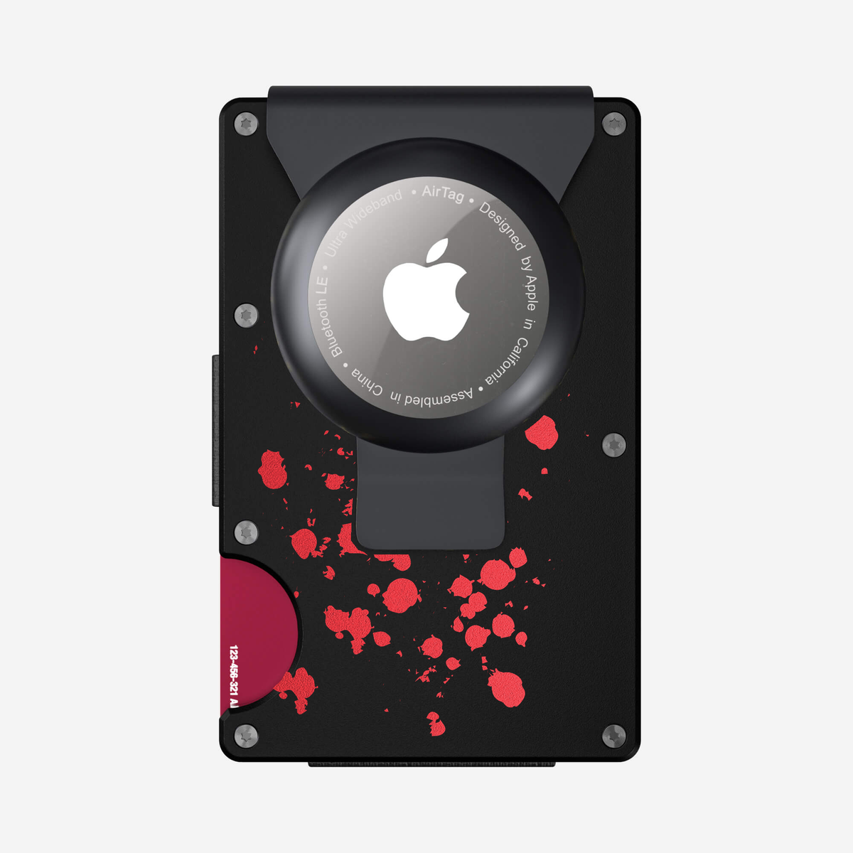 Back view of the attachment of the NANO Aluminium AirTag Money Clip Wallet in Crimson Trace