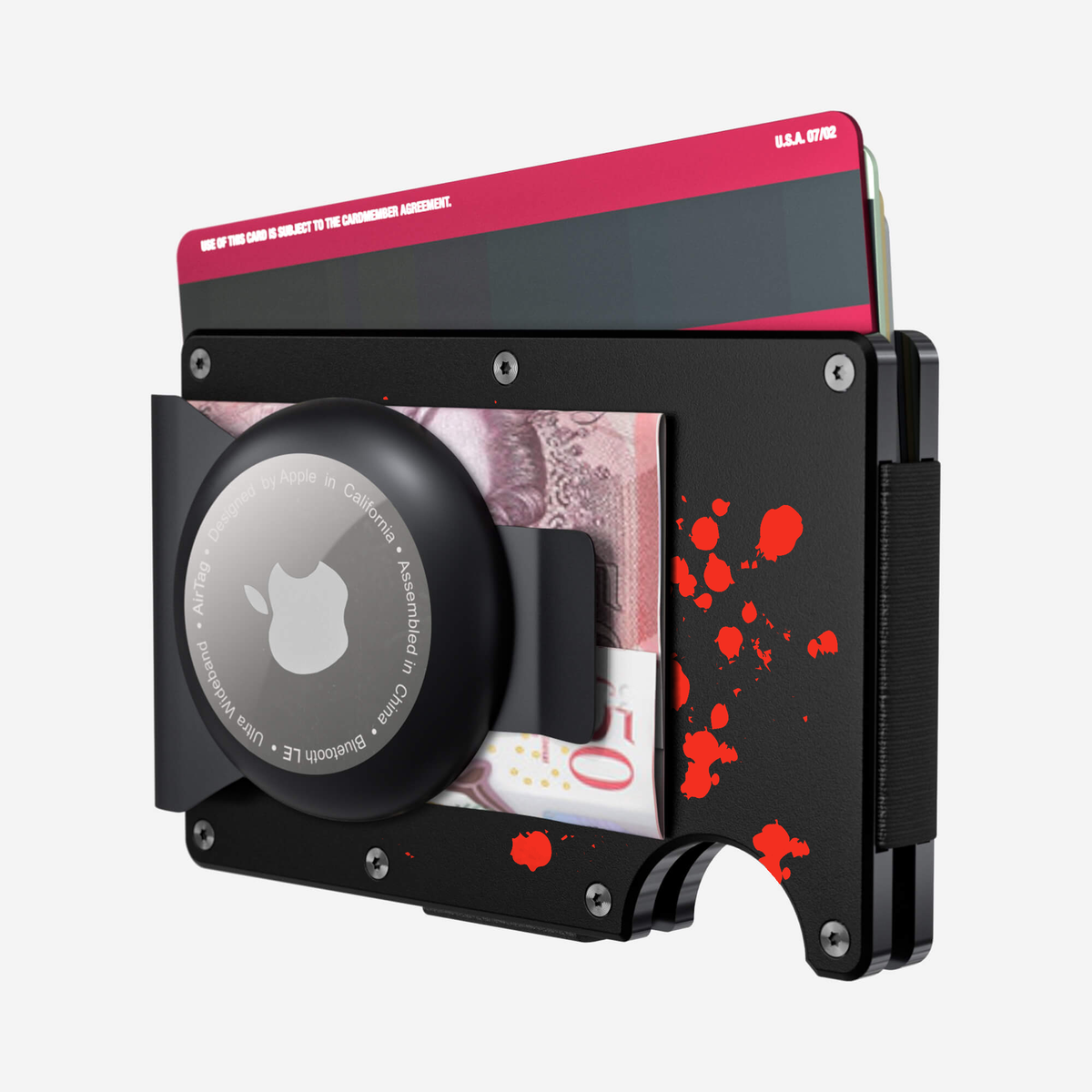Back view with cards and cash of the NANO Aluminium AirTag Money Clip Wallet in Crimson Trace