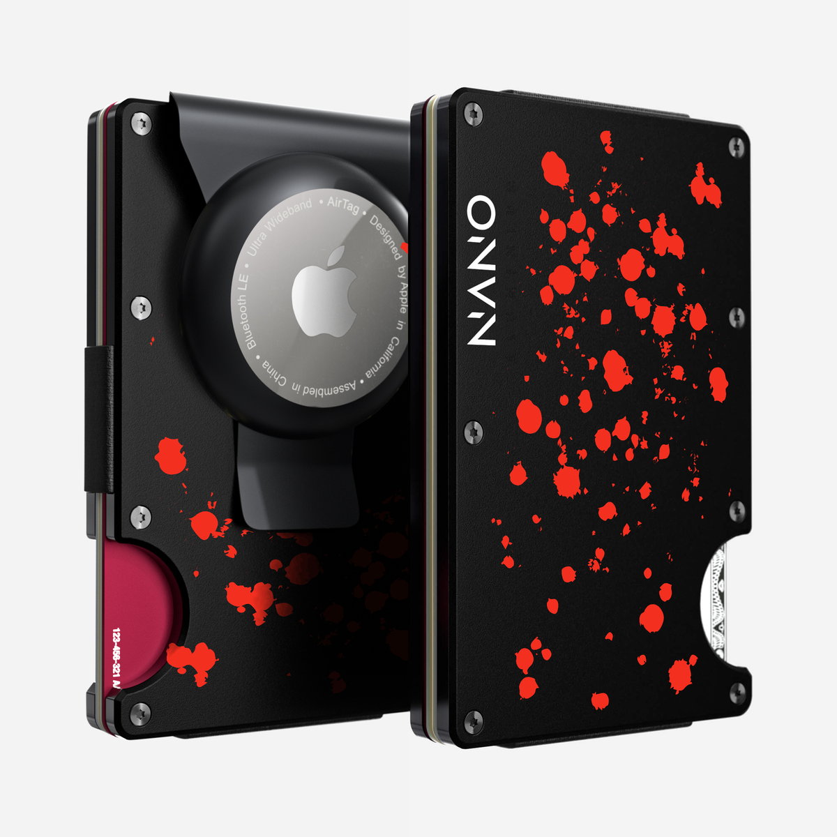 Front and back view of the NANO Aluminium AirTag Money Clip Wallet in Crimson Trace