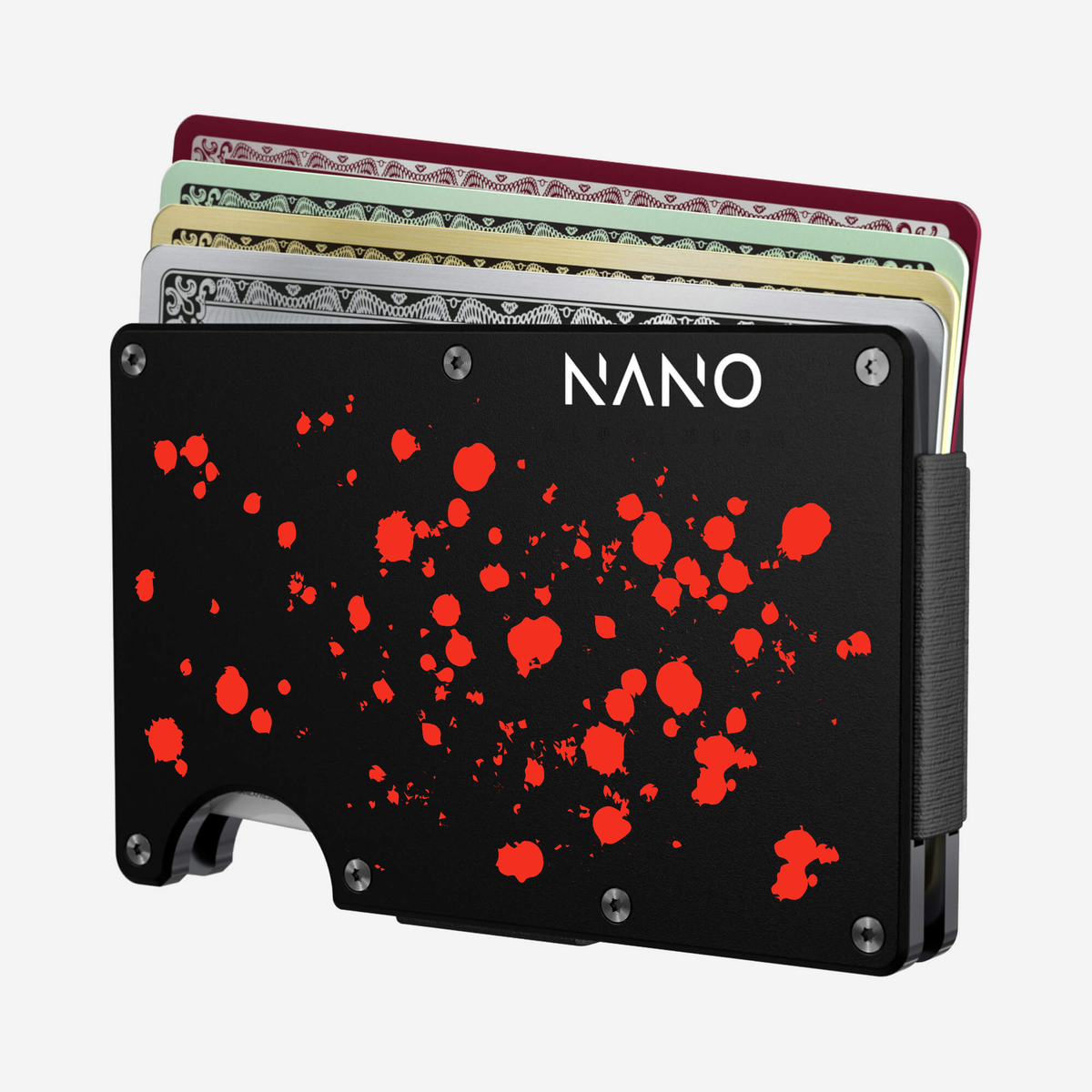 Angled front view of the NANO™ Aluminium Cash Strap Wallet in Crimson Trace showing cards fanned out