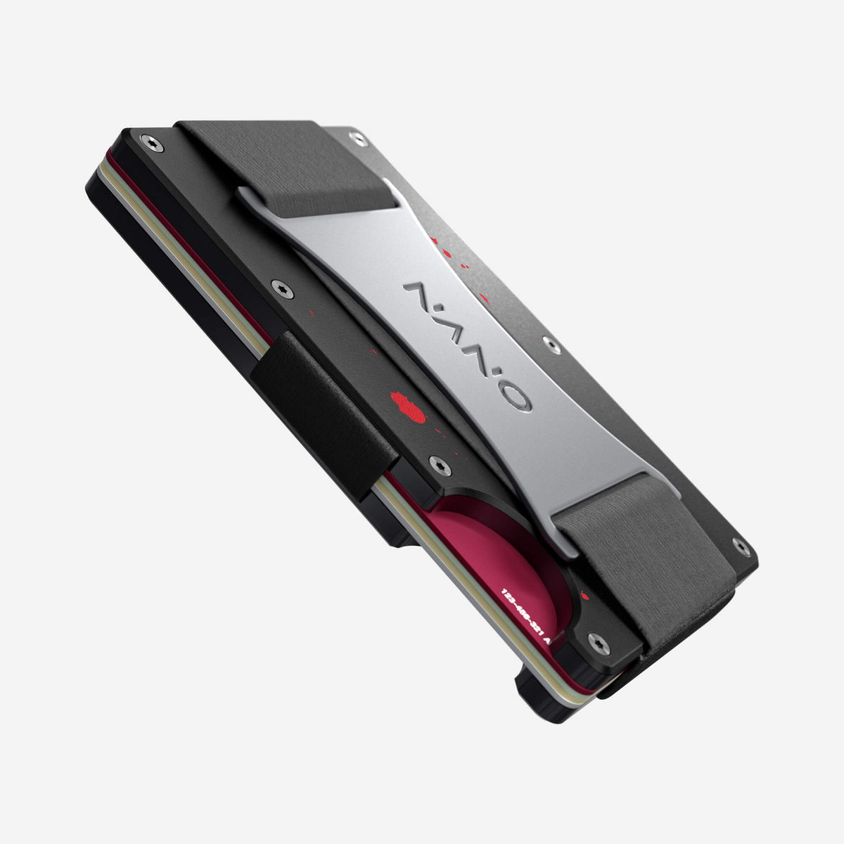 Angled side view of the NANO™ Aluminium Cash Strap Wallet in Crimson Trace showing the thumb slot