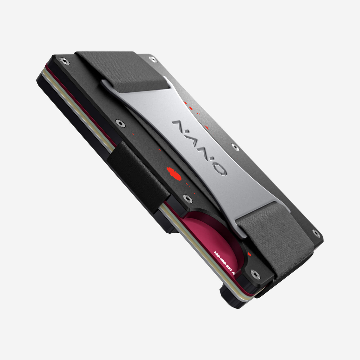 Angled side view of the NANO™ Aluminium Cash Strap Wallet in Crimson Trace showing the thumb slot