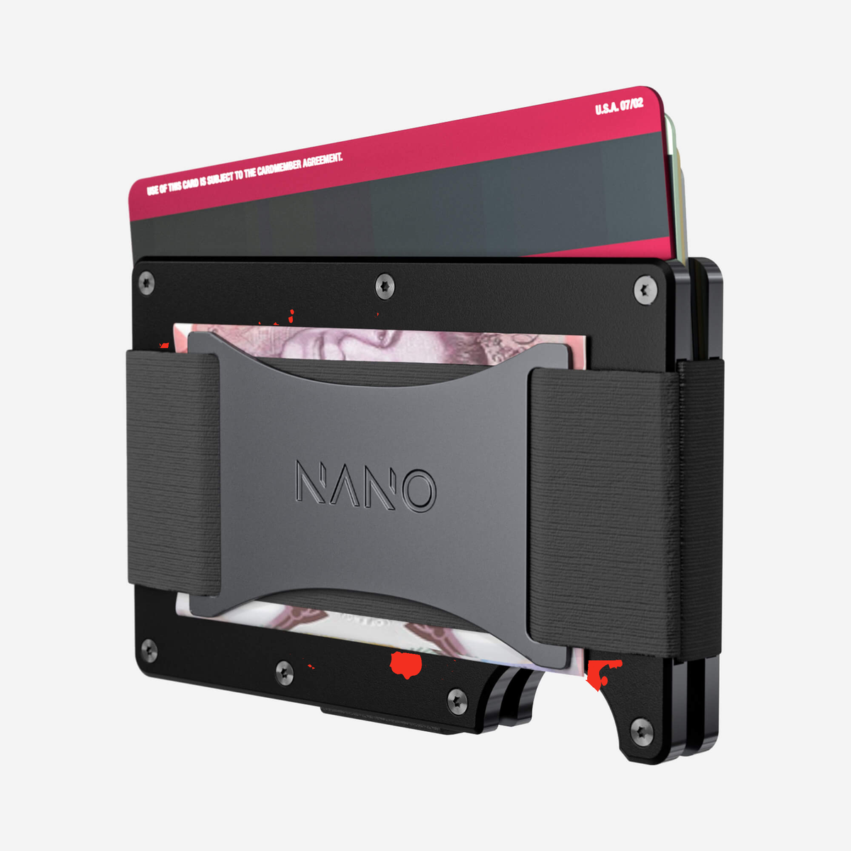 Angled back view of the NANO™ Aluminium Cash Strap Wallet in Crimson Trace showing cards and folded cash