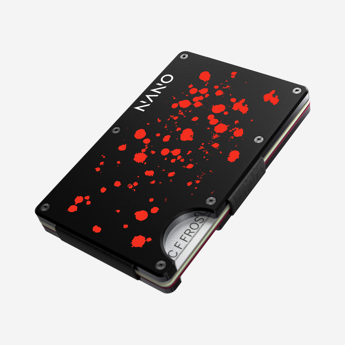 Angled front view of the NANO™ Aluminium Cash Strap Wallet in Crimson Trace showing the thumb slot