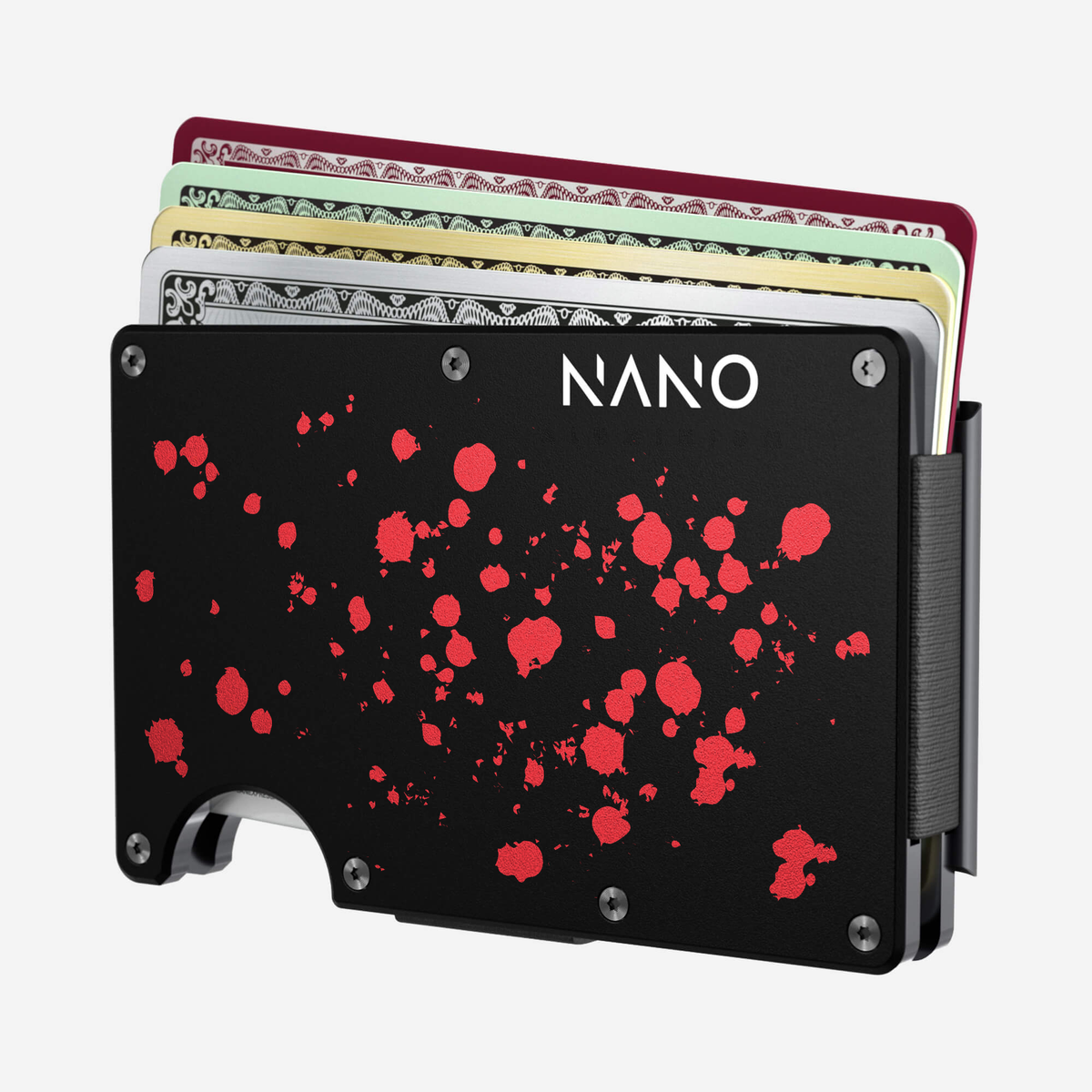Angled front view of the NANO™ Aluminium Money Clip Wallet in Crimson Trace showing cards fanned out