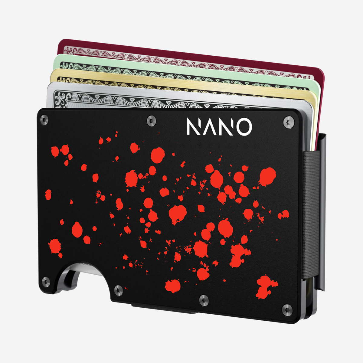 Angled front view of the NANO™ Aluminium Money Clip Wallet in Crimson Trace showing cards fanned out