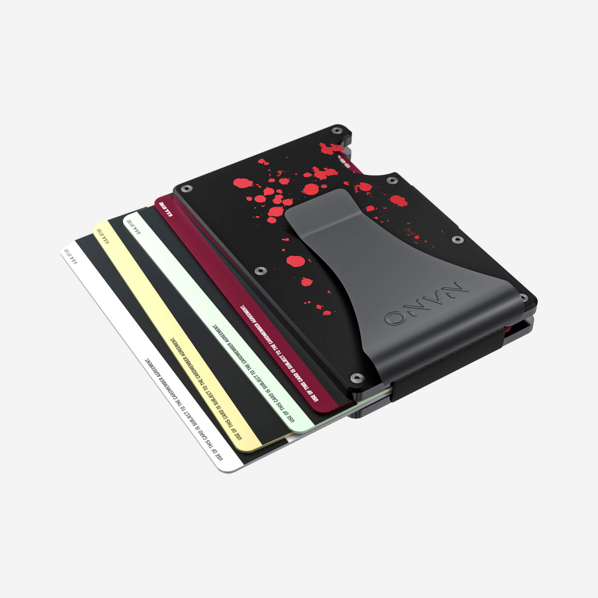 Angled aerial view of the NANO™ Aluminium Money Clip Wallet in Crimson Trace showing cards fanned out