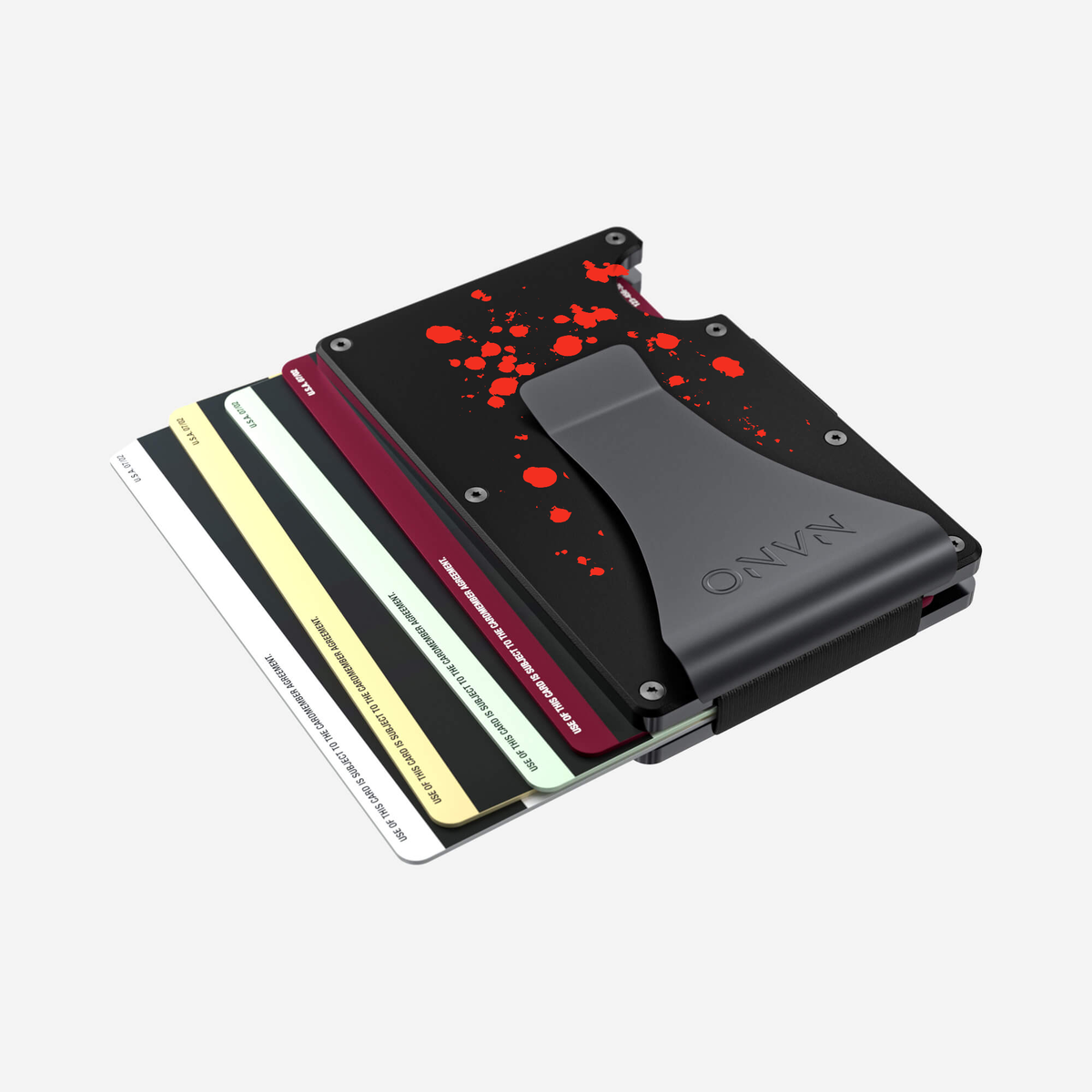 Angled aerial view of the NANO™ Aluminium Money Clip Wallet in Crimson Trace showing cards fanned out