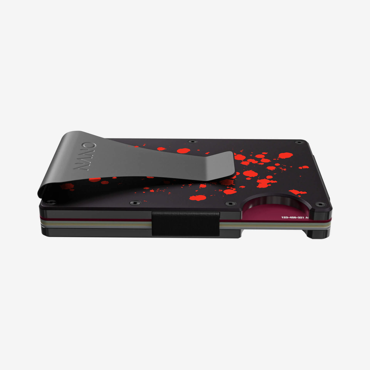 Angled side and back view of the NANO™ Aluminium Money Clip Wallet in Crimson Trace showing its slim profile