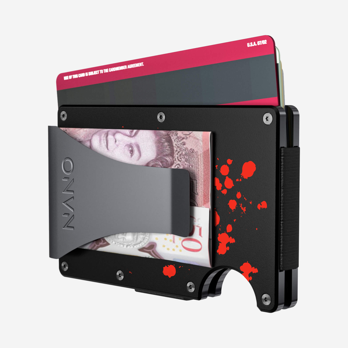 Angled back view of the NANO™ Aluminium Money Clip Wallet in Crimson Trace showing cards and folded cash