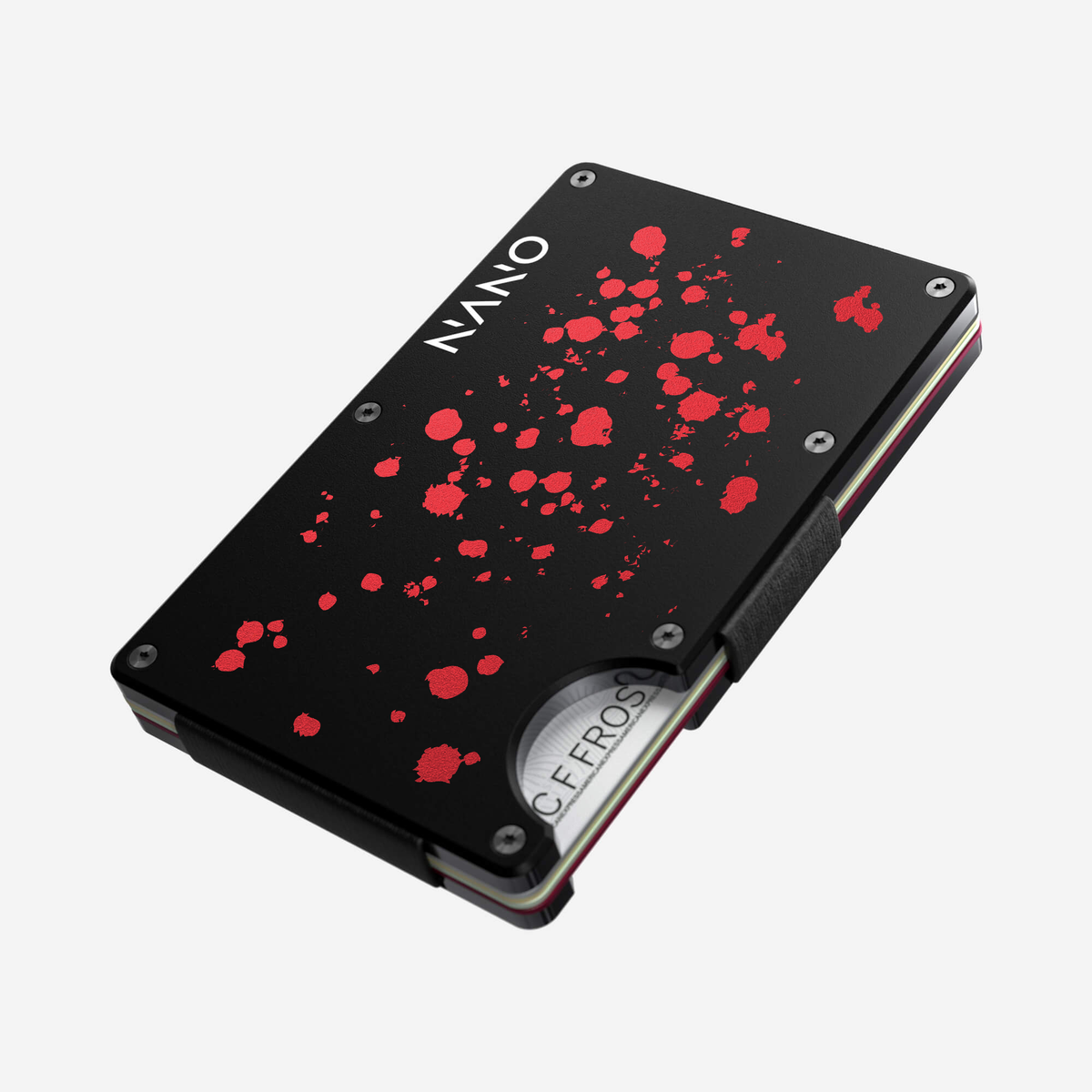 Angled front view of the NANO™ Aluminium Money Clip Wallet in Crimson Trace showing the thumb slot