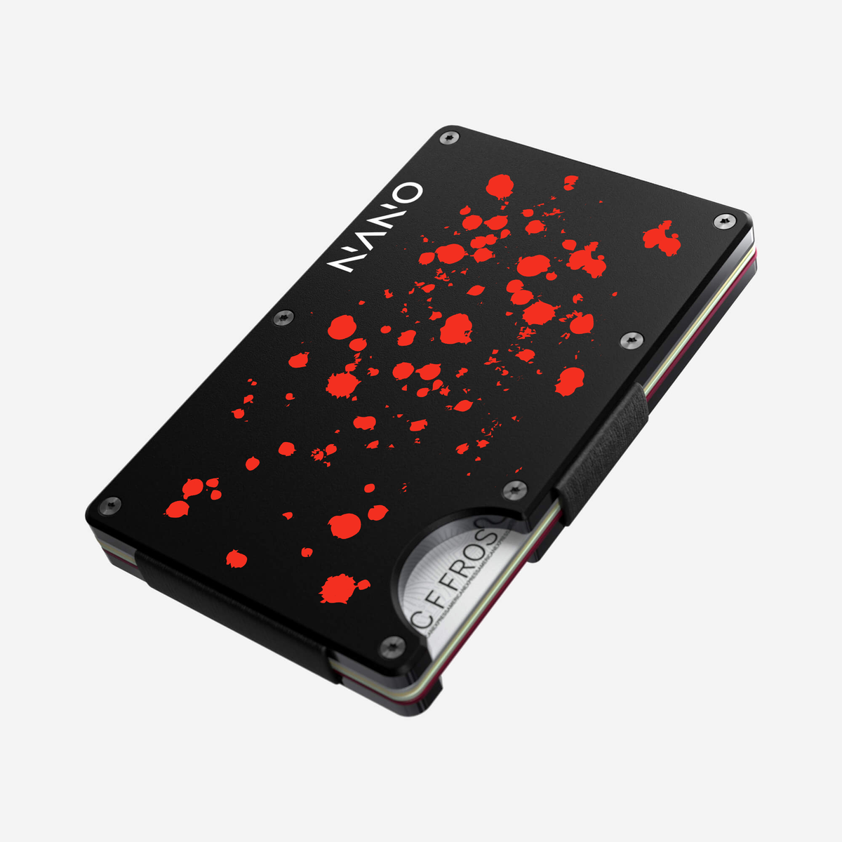 Angled front view of the NANO™ Aluminium Money Clip Wallet in Crimson Trace showing the thumb slot