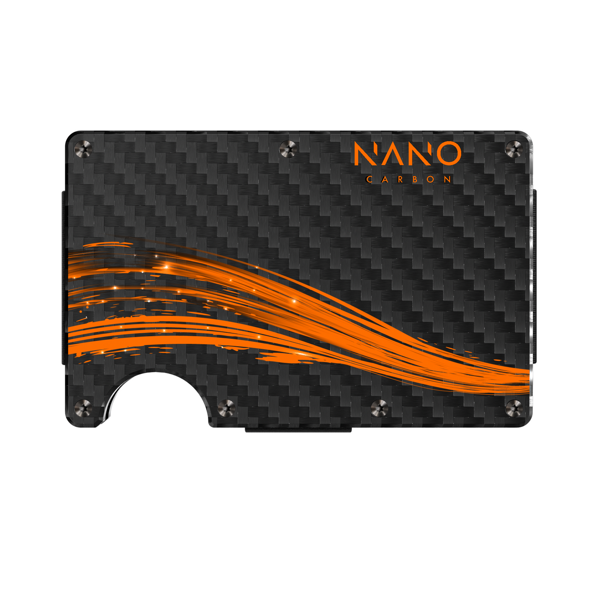 NANO FLUX Stealth Black/Flare Orange Carbon Fibre 3K money clip wallet, front straight-on