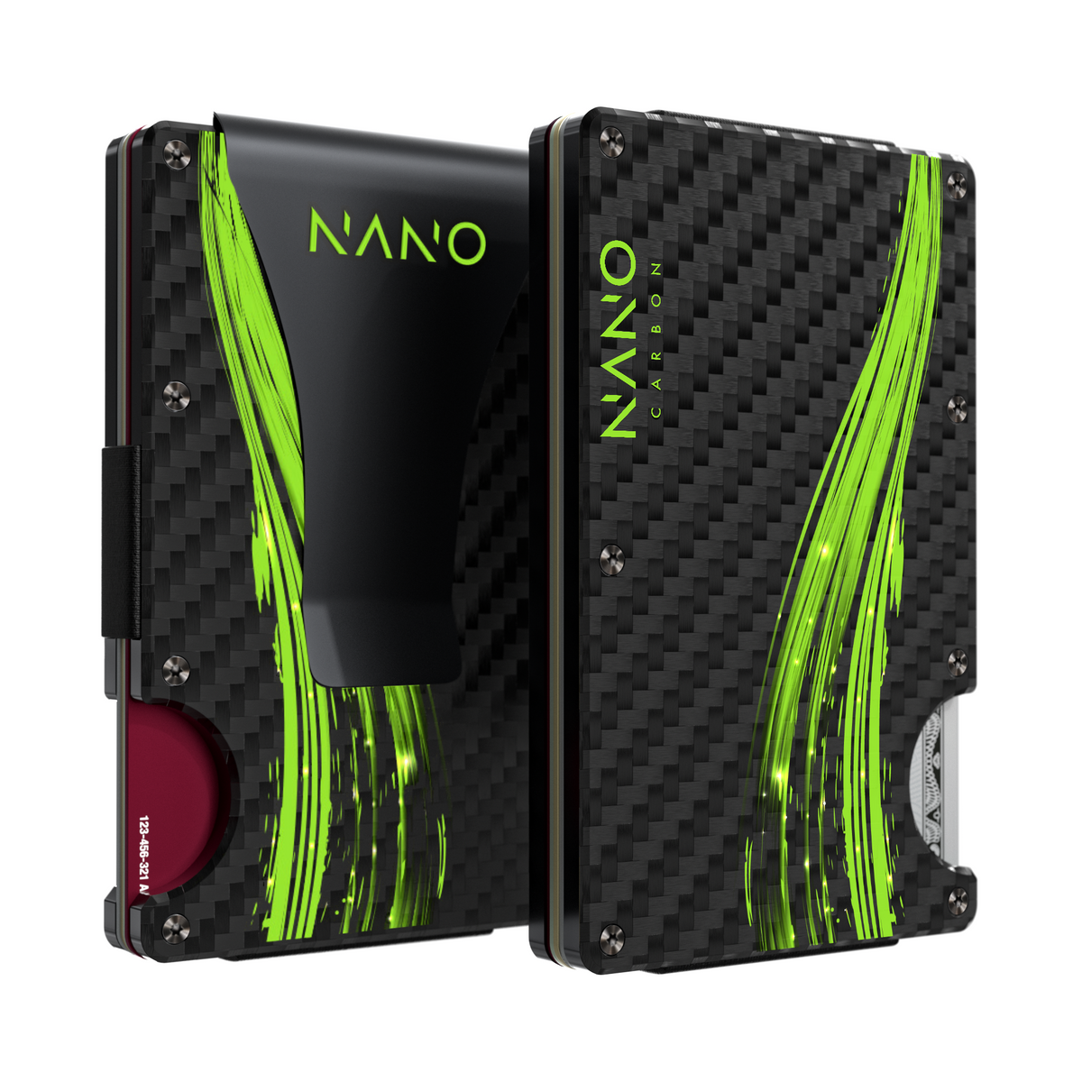NANO FLUX Stealth Black/Volt Green Carbon Fibre 3K money clip wallet, front and rear views