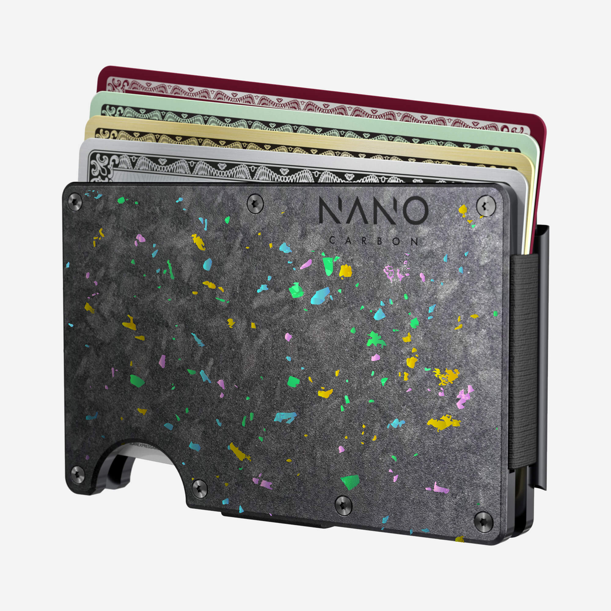 Angled front view showing cards fanned out of the NANO™ Forged Carbon AirTag Cash Strap Wallet in Nero/Prisma