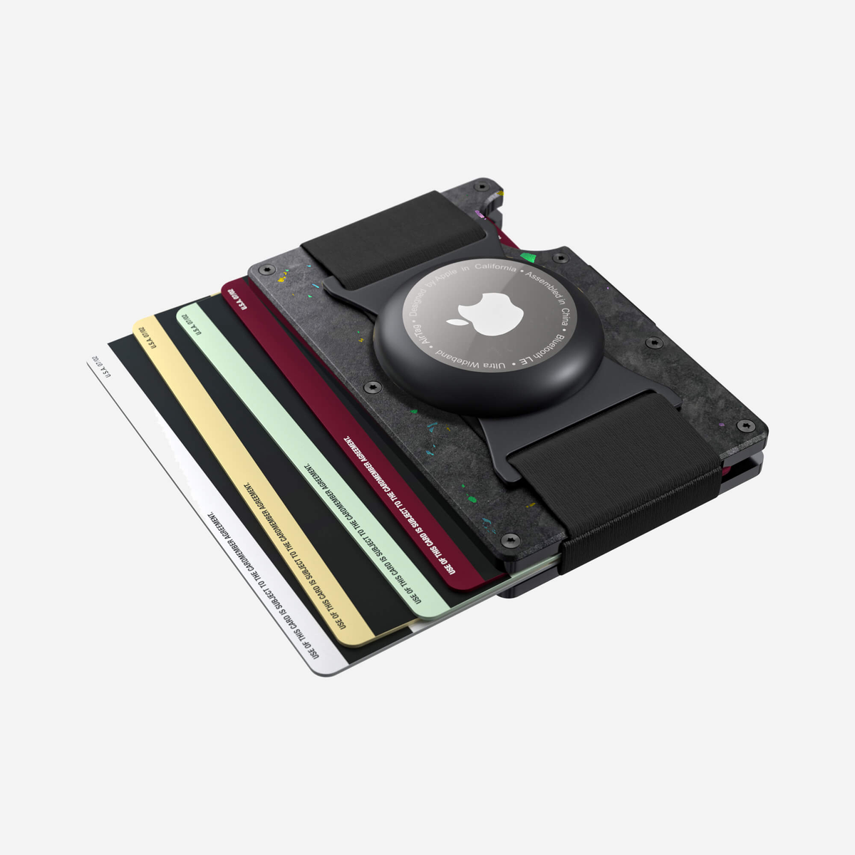 Angled aerial view showing cards fanned out of the NANO™ Forged Carbon AirTag Cash Strap Wallet in Nero/Prisma