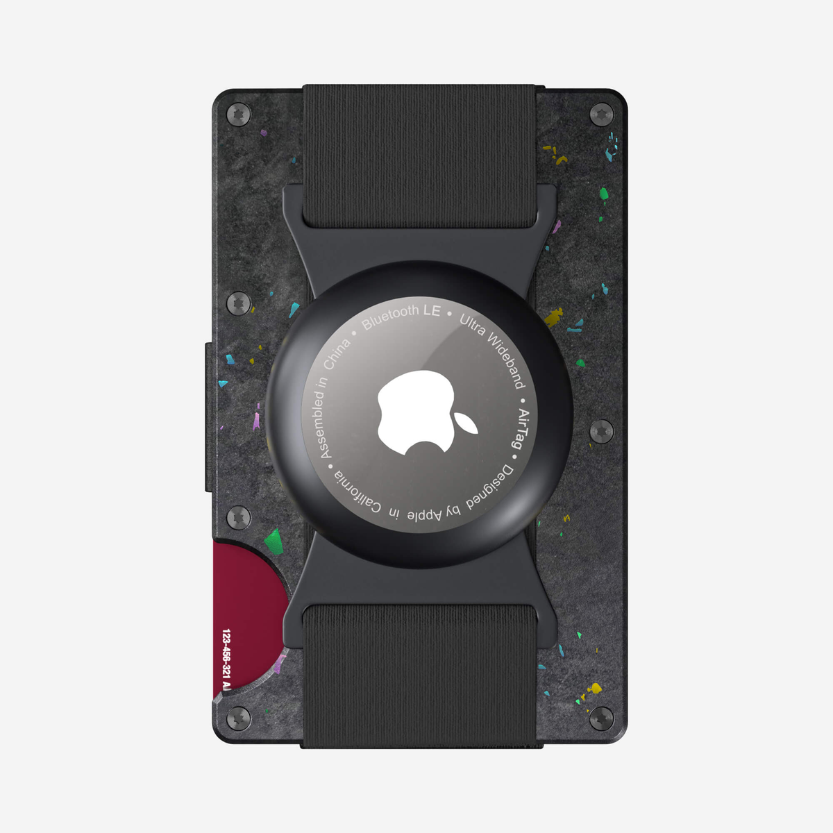 Back view showing the airtag cash strap and elastic track of the NANO™ Forged Carbon AirTag Cash Strap Wallet in Nero/Prisma