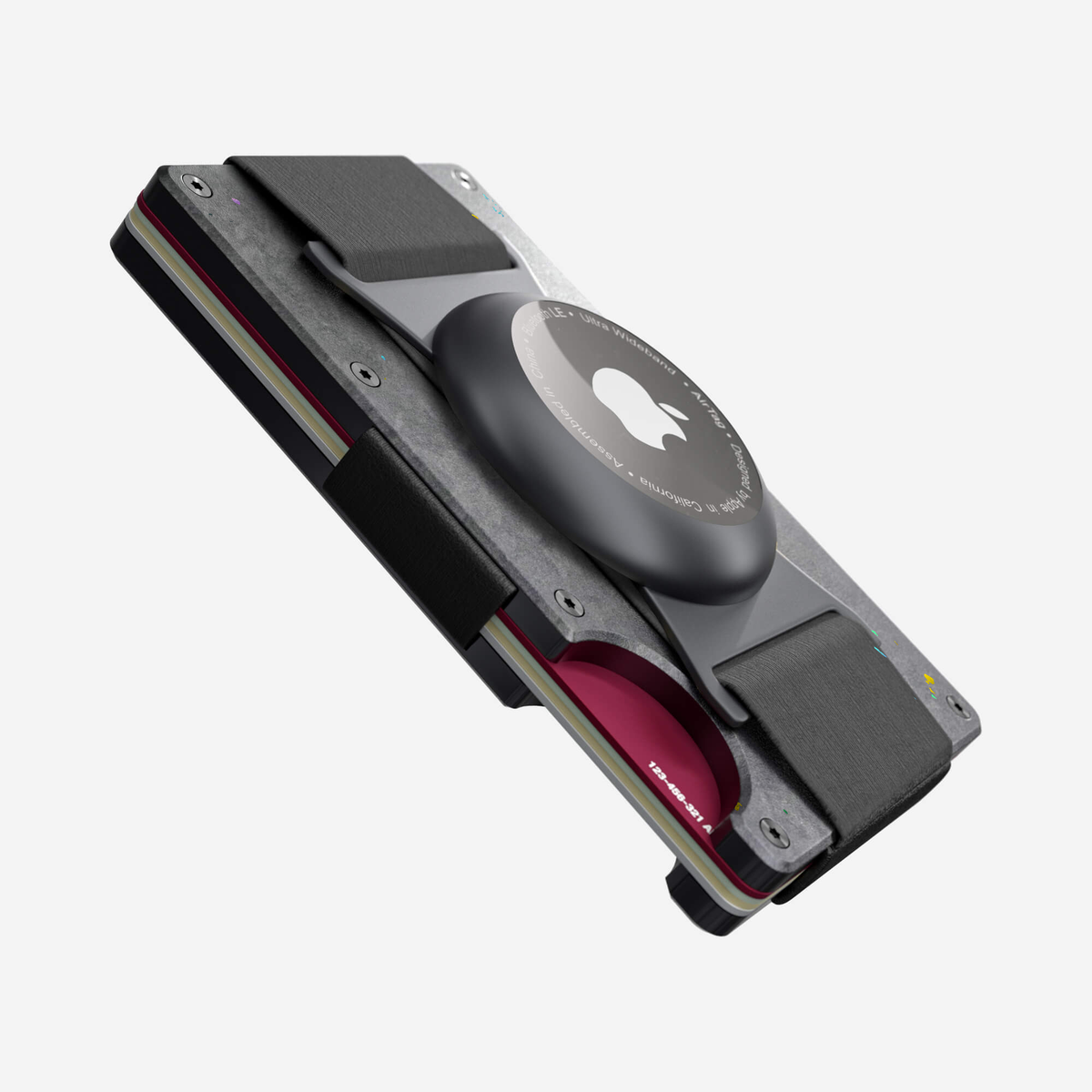 Angled side view showing the thumb slot of the NANO™ Forged Carbon AirTag Cash Strap Wallet in Nero/Prisma