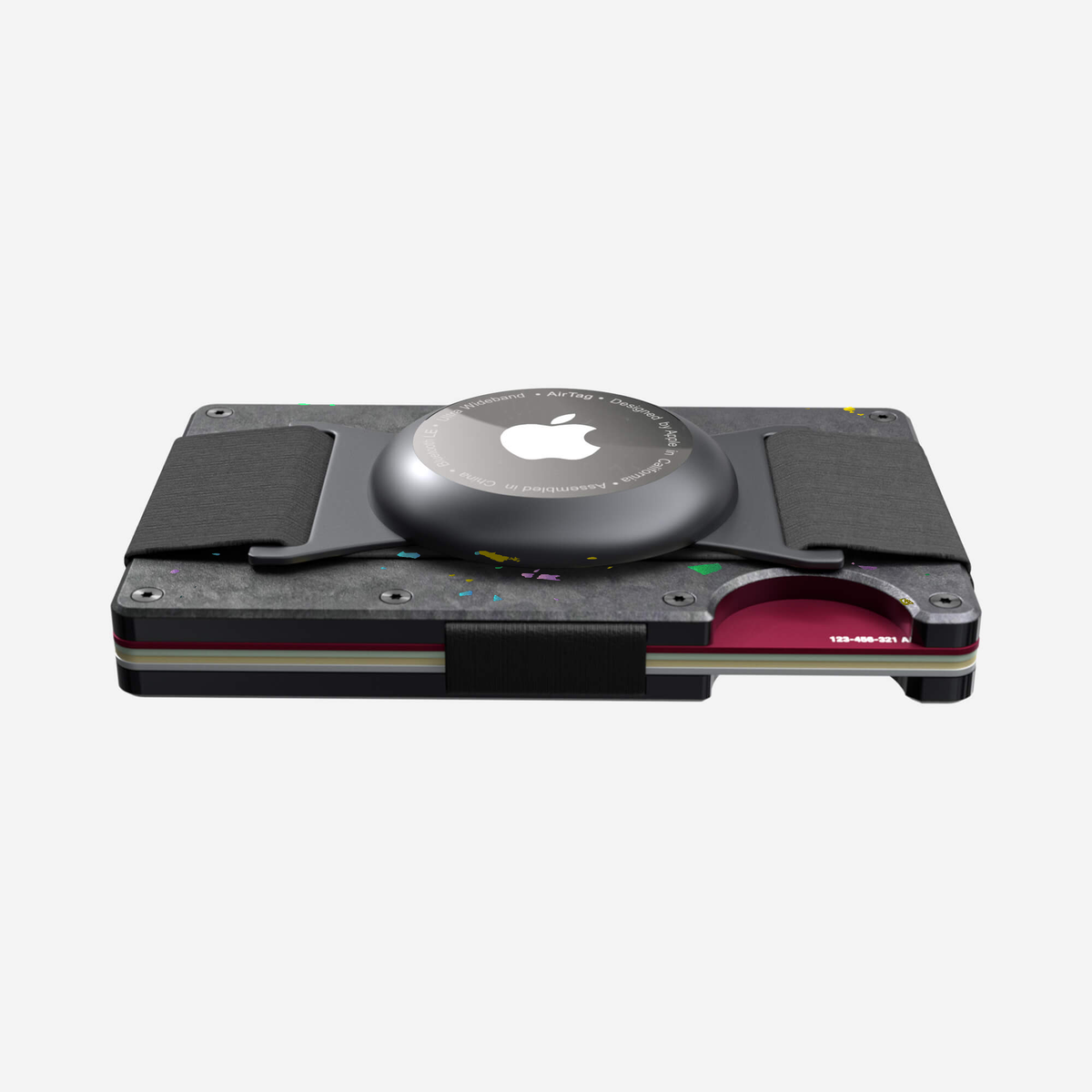 Angled side and back view showing its slim profile of the NANO™ Forged Carbon AirTag Cash Strap Wallet in Nero/Prisma