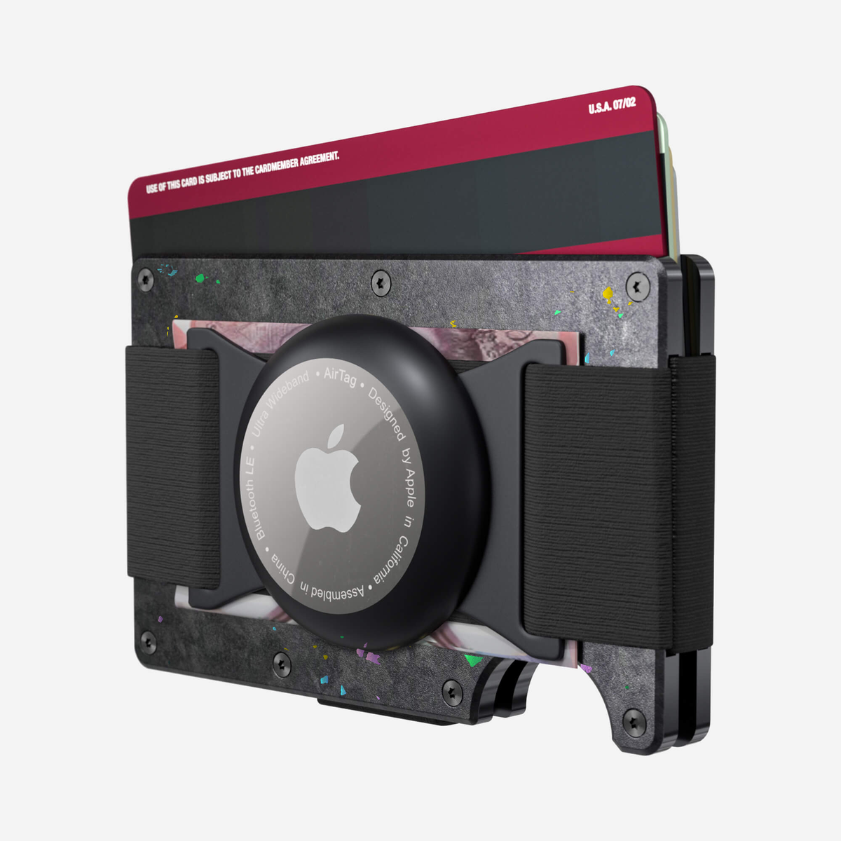 Angled back view showing cards and folded cash of the NANO™ Forged Carbon AirTag Cash Strap Wallet in Nero/Prisma