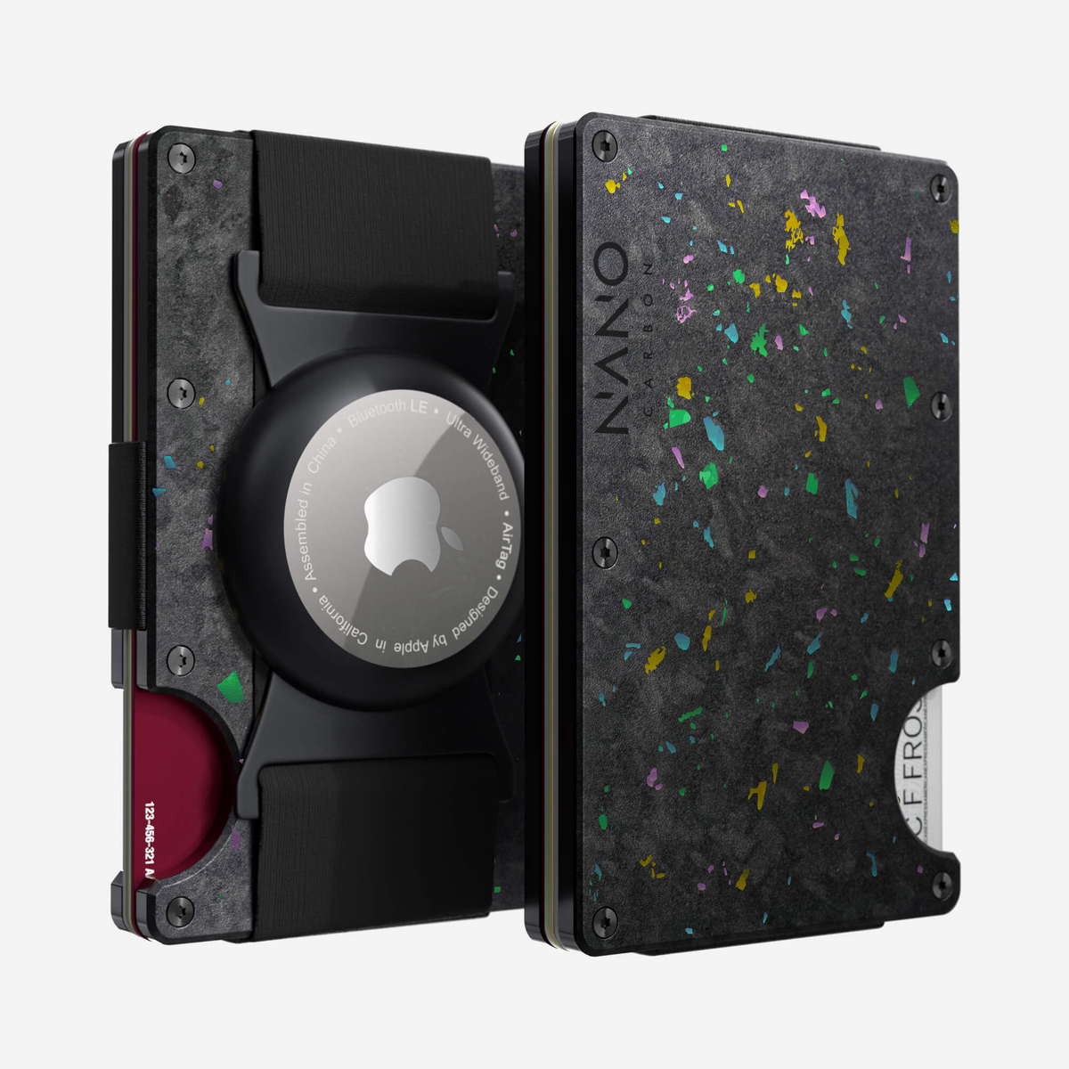 Front and back view of the NANO™ Forged Carbon AirTag Cash Strap Wallet in Nero/Prisma