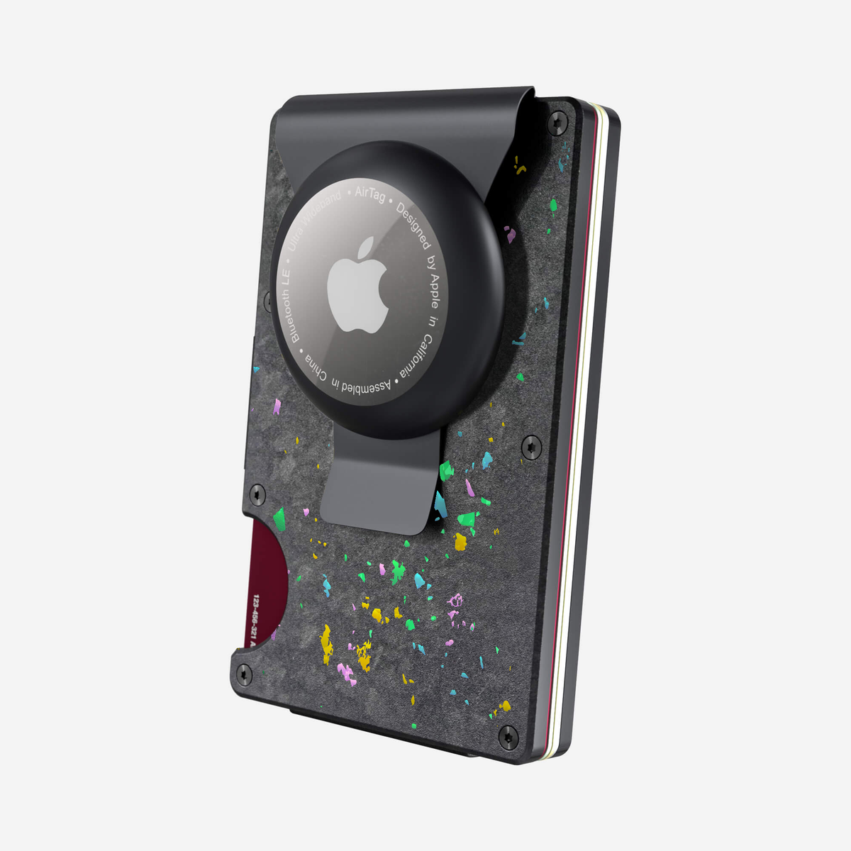 Angled back view of the NANO™ Forged Carbon AirTag Money Clip Wallet in Nero/Prisma