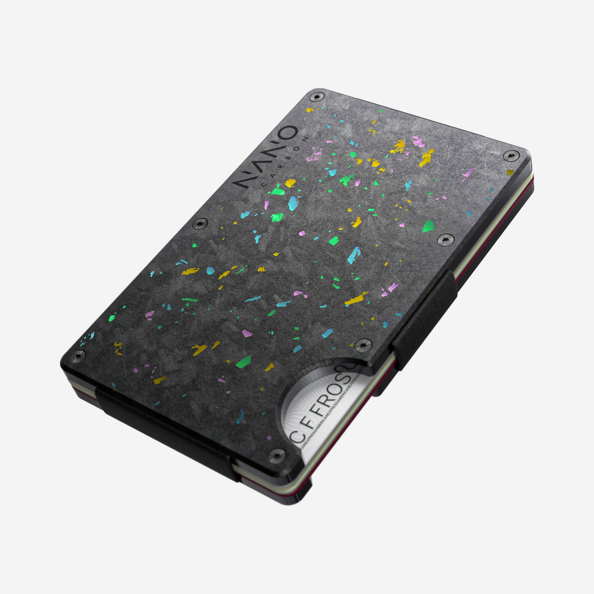 Angled front view showing the thumb slot of the NANO™ Forged Carbon AirTag Money Clip Wallet in Nero/Prisma