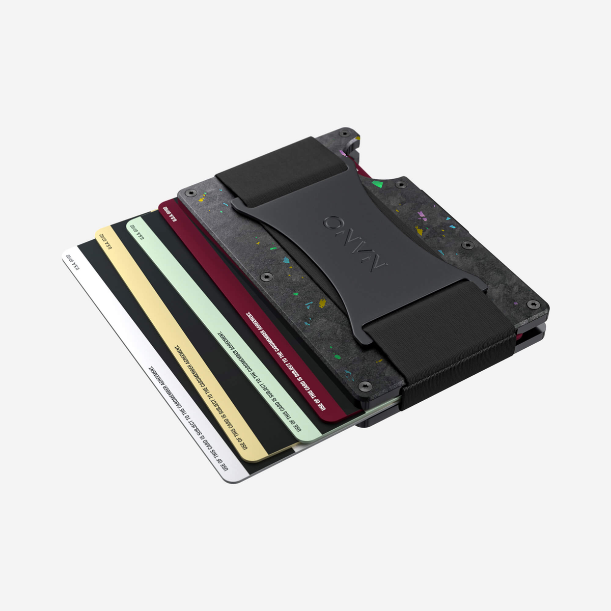 Angled aerial view showing cards fanned out of the NANO™ Forged Carbon Cash Strap Wallet in Nero/Prisma