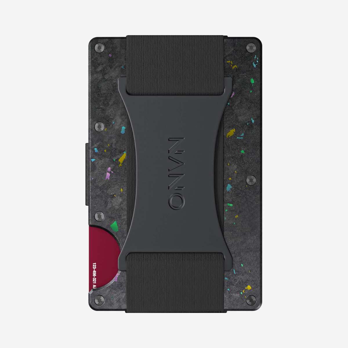 Back view showing the cash strap and elastic track of the NANO™ Forged Carbon Cash Strap Wallet in Nero/Prisma
