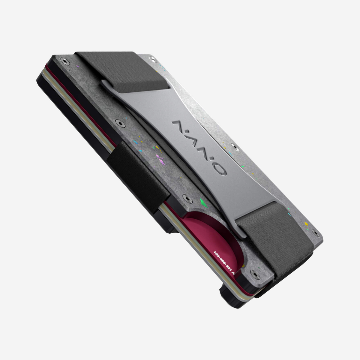 Angled side view showing the thumb slot of the NANO™ Forged Carbon Cash Strap Wallet in Nero/Prisma