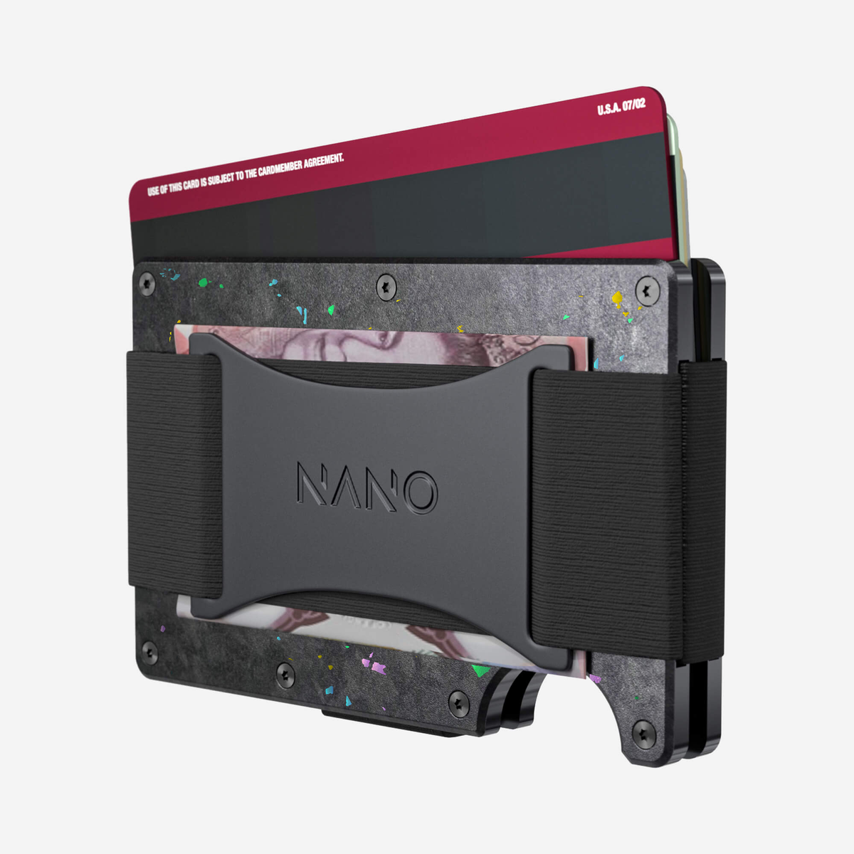 Angled back view showing cards and folded cash of the NANO™ Forged Carbon Cash Strap Wallet in Nero/Prisma